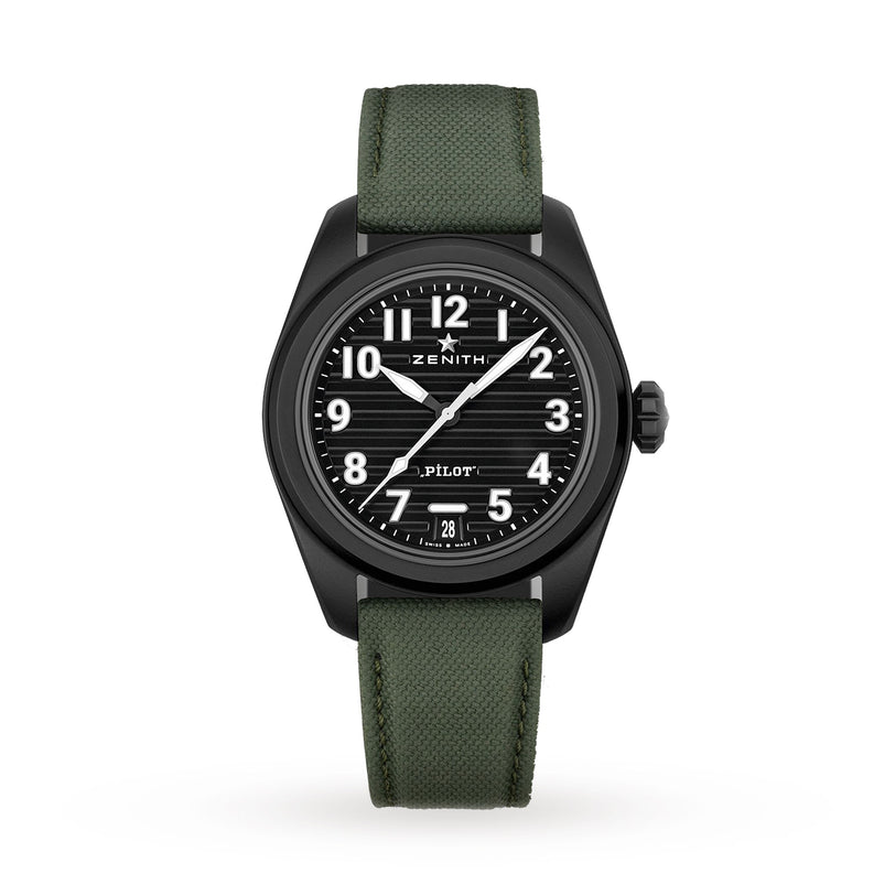 The Zenith Pilot Automatic features a black dial with white numerals and hands, a green fabric strap, and date display at 6 o’clock—reflecting the brand’s rich heritage in Pilot watches.