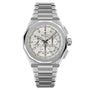 The Zenith Defy Skyline Chronograph features a stainless steel case, interchangeable steel bracelet, white hexagonal-patterned dial with baton markers, date display, three subdials, and the El Primero 3600 movement.