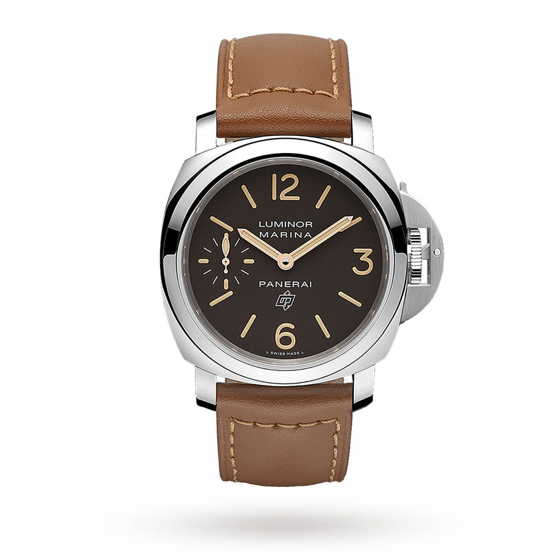 The Panerai Luminor Marina es men's luxury watch features a brown leather strap, stainless steel case, black dial with beige numerals, small seconds sub-dial, bold crown protector, and a precise mechanical movement.