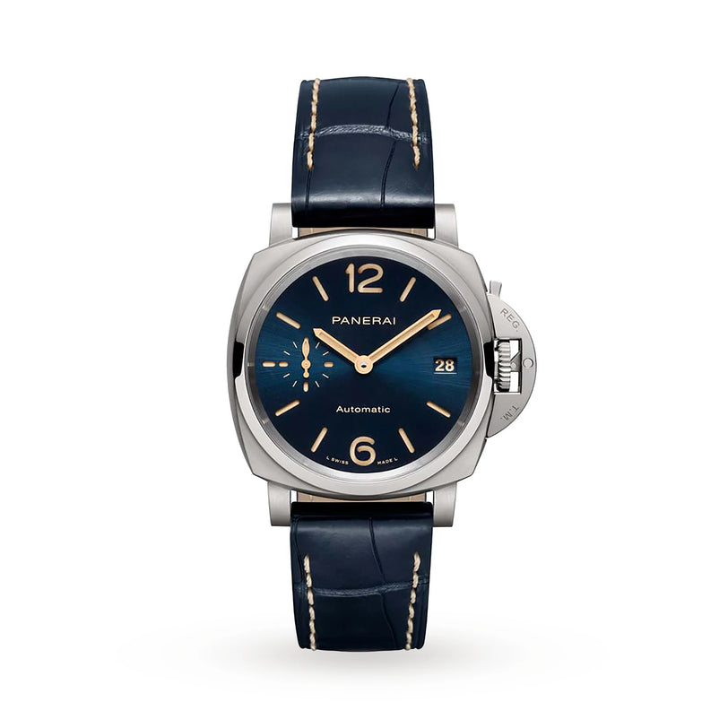 The Panerai Luminor Due is a luxury ladies watch featuring a blue dial, gold-tone hands and markers, date display, small seconds subdial, and dark blue leather strap with white stitching, all housed in a sleek titanium case.