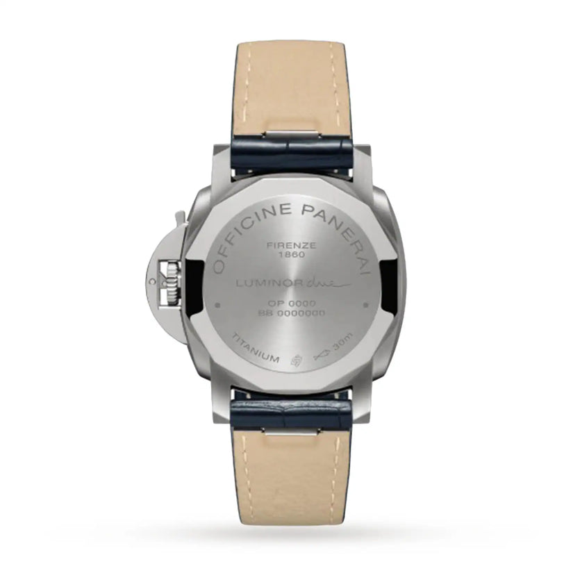 The back view of this Panerai Luminor Due ladies’ wristwatch shows a round titanium case with engraved branding and cream leather straps accented by refined black edges.