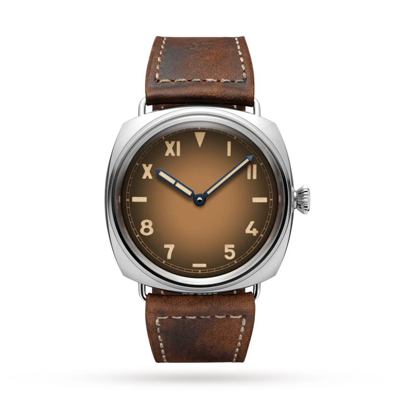 The Panerai Radiomir California boasts a brown gradient California dial with simple hour markers and no logo, set in a silver case. Blue and white hands pair with a brown distressed leather strap featuring white stitching.