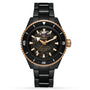 A Rado Captain Cook High-Tech Ceramic wristwatch with a black and gold skeleton dial, Nivachron™ hairspring, ceramic bezel, stainless steel bracelet, and displaying the time 10:10.
