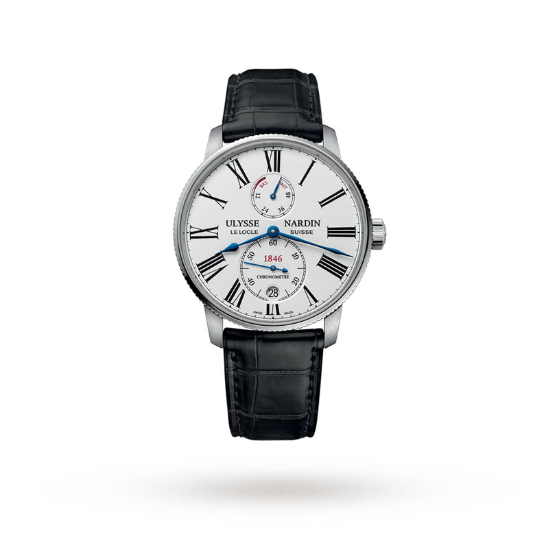 The Ulysse Nardin Marine Torpilleur is a luxury wristwatch with a white dial, Roman numeral markers, stylish subdials, and a sophisticated black leather strap.