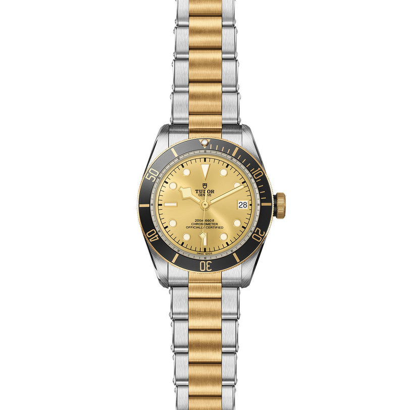 The TUDOR Black Bay S&G wristwatch boasts a gold dial, black bezel, gold and silver bracelet, date display at 3 o’clock, and a reliable self-winding movement inspired by classic diving watches.