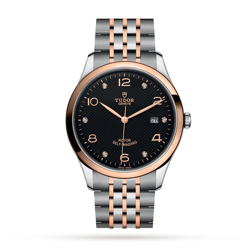 The TUDOR 1926 wristwatch features a black textured dial, diamond hour markers, date display, and a two-tone silver and rose gold bracelet—a stunning showcase of TUDORs watchmaking expertise.