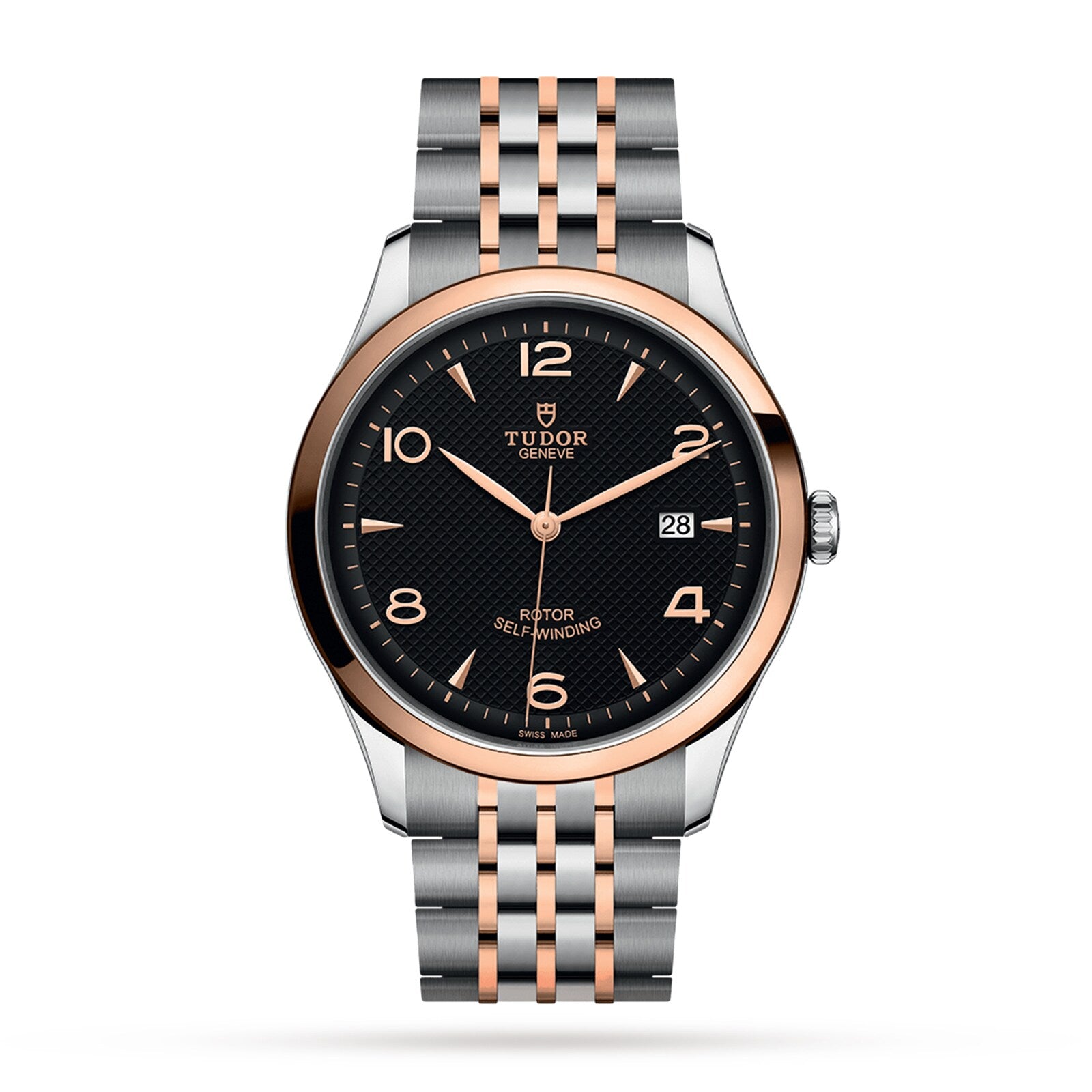 The TUDOR 1926 is a two-tone wristwatch with a black dial, gold accents, date display, and metal bracelet.