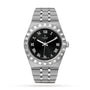 The TUDOR Royal is a stainless steel wristwatch featuring a black dial, Roman numeral hour markers, a date window at 3 o’clock, and a silver metal link bracelet—ideal for fans of refined sport-chic watches.