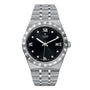 The TUDOR Royal wristwatch features a black dial with Roman numerals, diamond hour markers, a date at 3 oclock, and a stainless steel and gold link bracelet for a sport-chic look.