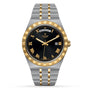 The TUDOR Royal features a black dial, gold Roman numerals, day and date display, and a two-tone silver and gold metal band with integrated bracelets for an automatic sport-chic style.