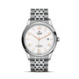 A silver TUDOR 1926 wristwatch with a white dial, gold hour markers, date display, and a stainless steel bracelet—an elegant tribute to mechanical watches inspired by the legacy of Rolex’s founder.