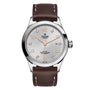 A silver TUDOR 1926 wristwatch with a textured dial, gold numerals, date display, and brown leather strap is shown on a white background.