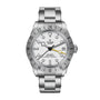 A TUDOR Black Bay Pro wristwatch with a white dial, date display, and silver bracelet shown on a white background.