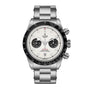 A TUDOR Black Bay Chrono stainless steel watch featuring a white dial with black subdials.