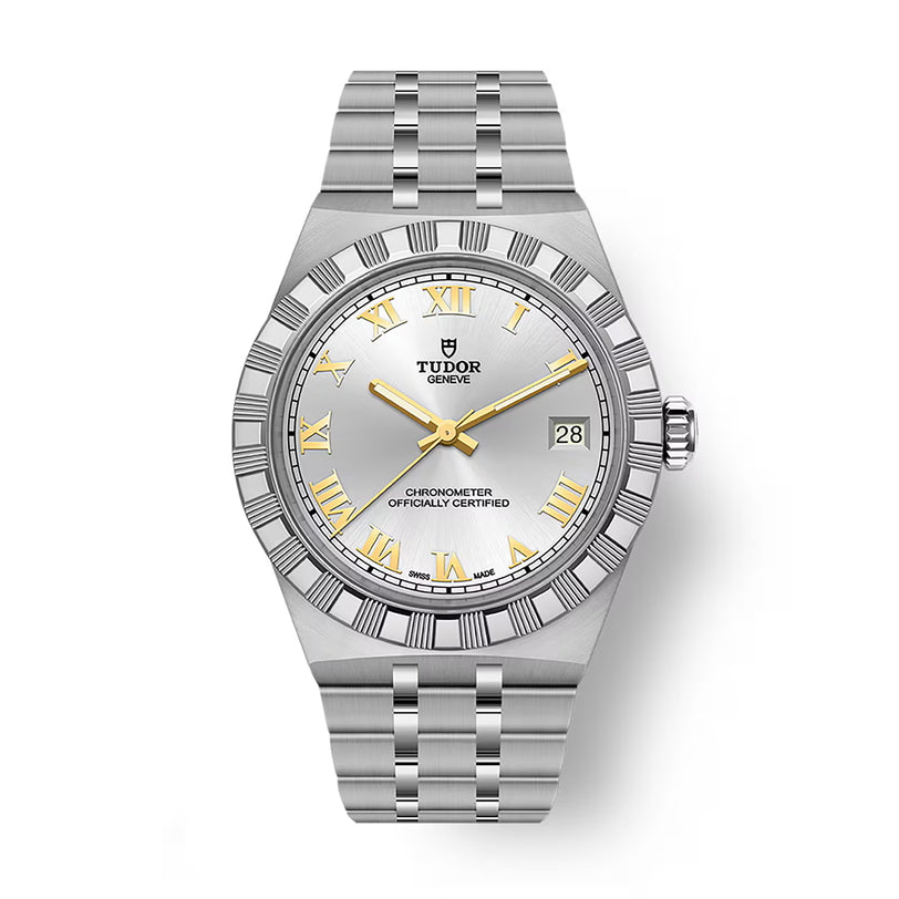 Steel watch with silver dial, gold Roman numerals, gold hands, date window, and textured bezel on linked metal bracelet.