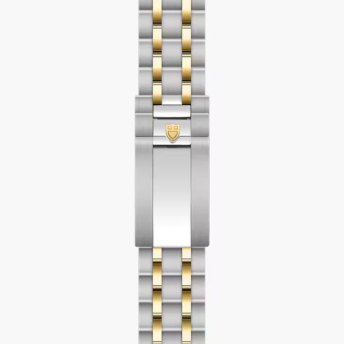 Two-tone stainless steel and gold watch bracelet with shield logo clasp, displayed flat.