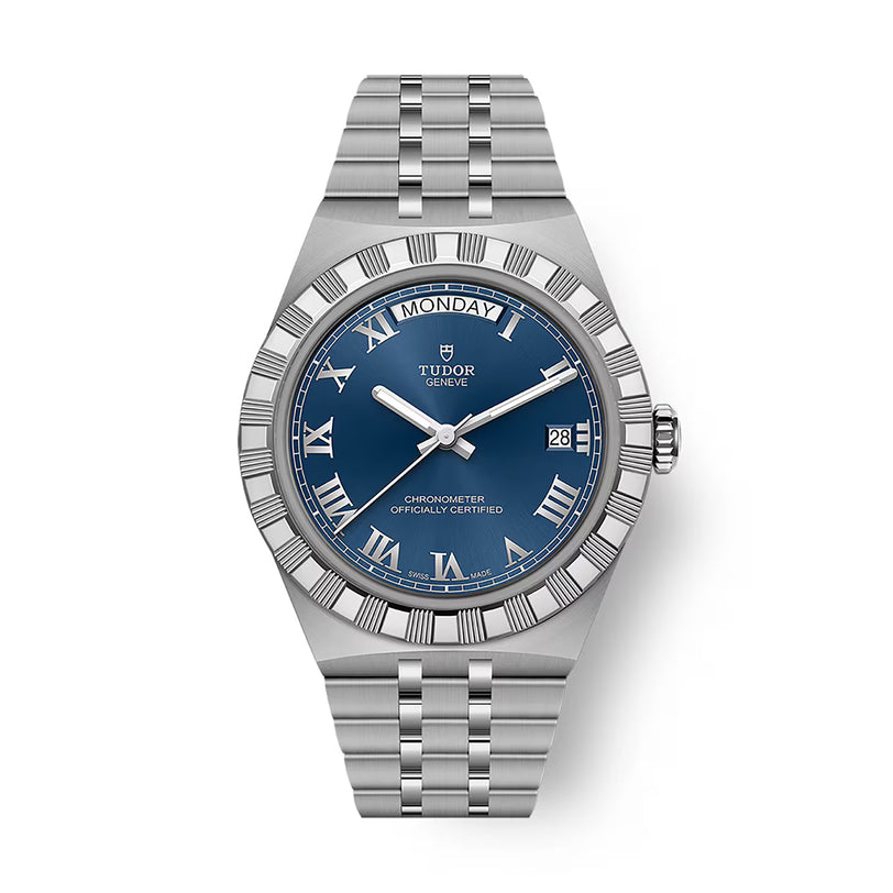Stainless steel watch with blue dial, Roman numerals, day-date window, and textured bezel on matching bracelet.