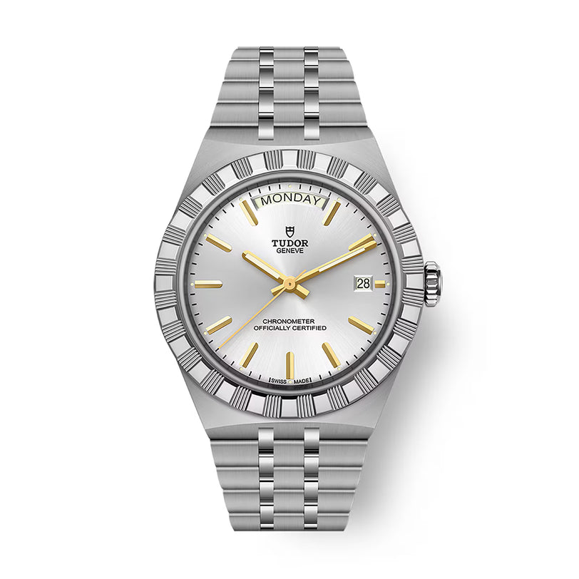 Steel Tudor Royal watch with silver dial, gold-tone hands and hour markers, day-date window, and textured bezel.