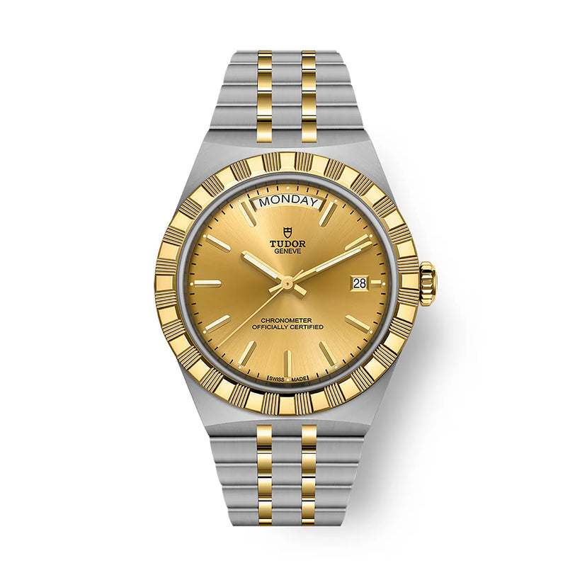 Two-tone steel and gold watch with champagne dial, day-date window, and textured bezel.