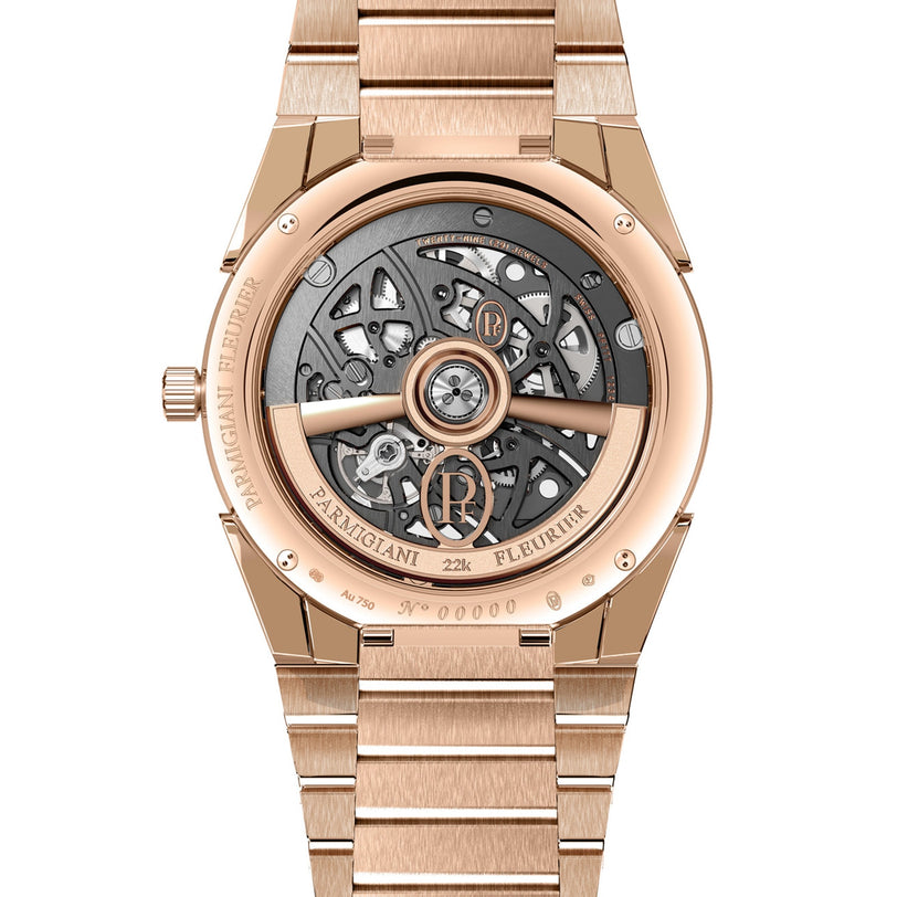 The TONDA PF Skeleton by Parmigiani Fleurier displays its intricate exposed mechanical movement and luxurious craftsmanship.