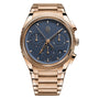 The Parmigiani Fleurier TONDA PF Chronograph features a gold case, blue textured dial with three subdials, date window, and a gold metal bracelet.