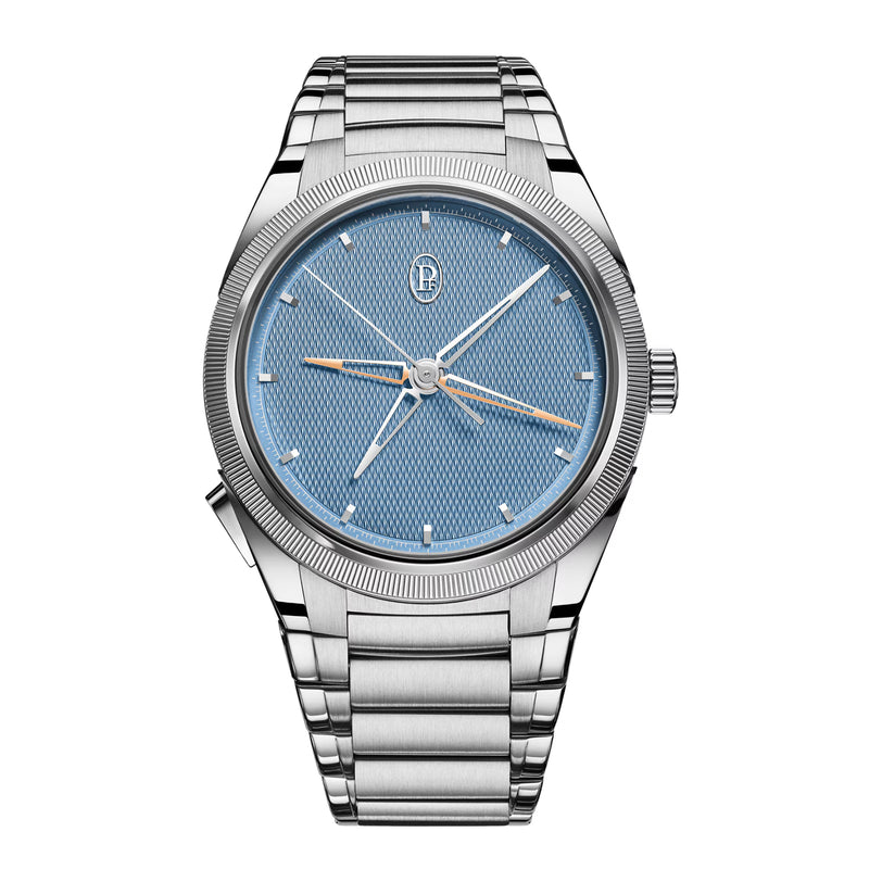 Silver watch with a blue face on a white background