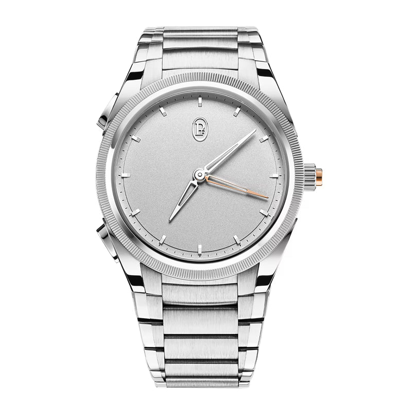 Silver watch with a white face on a white background
