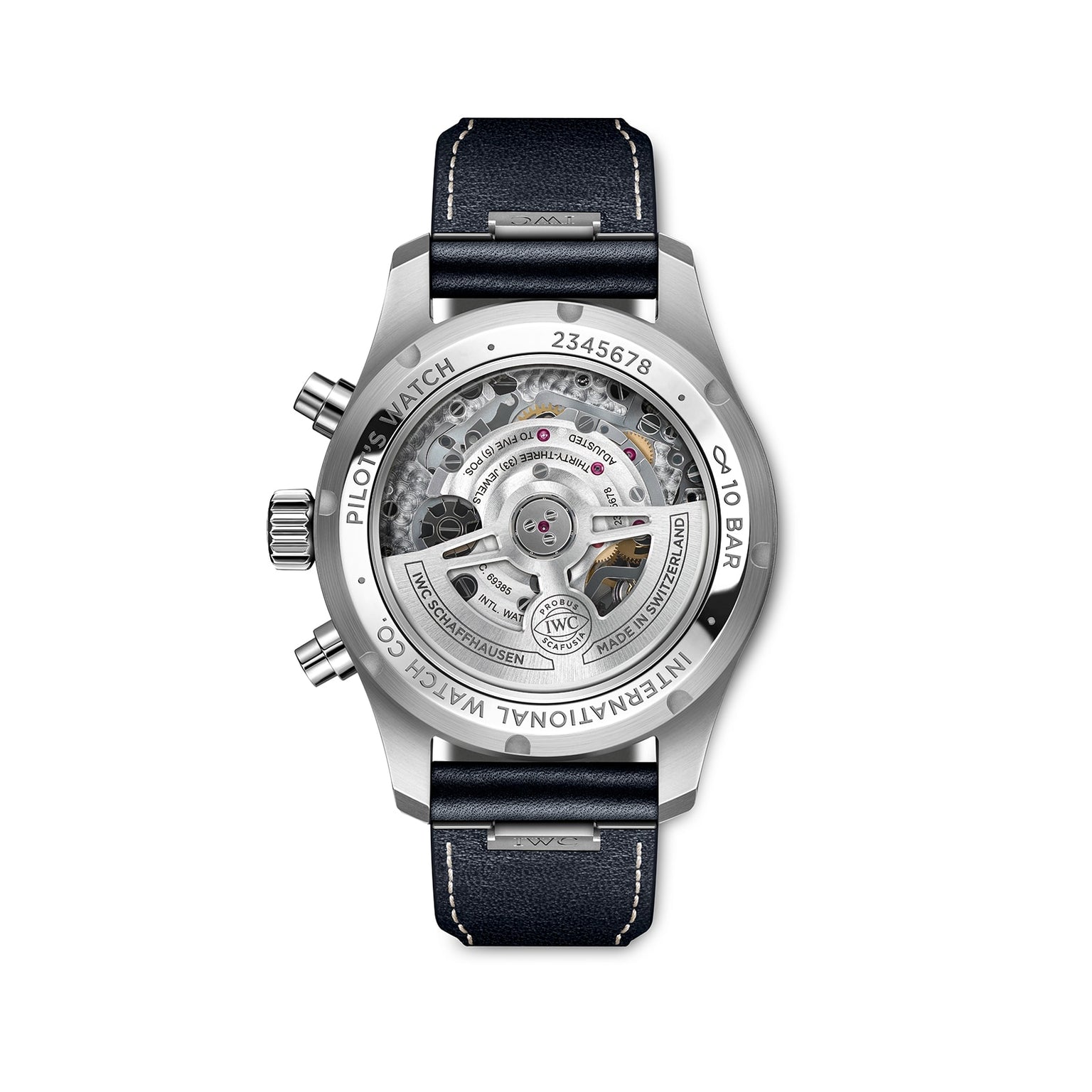 Rear view of the IWC Schaffhausen Pilots Watch Chronograph 41, featuring an exposed mechanical movement, black leather strap, engraved accents, and polished stainless steel case.