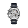 Rear view of the IWC Schaffhausen Pilots Watch Chronograph 41, featuring an exposed mechanical movement, black leather strap, engraved accents, and polished stainless steel case.