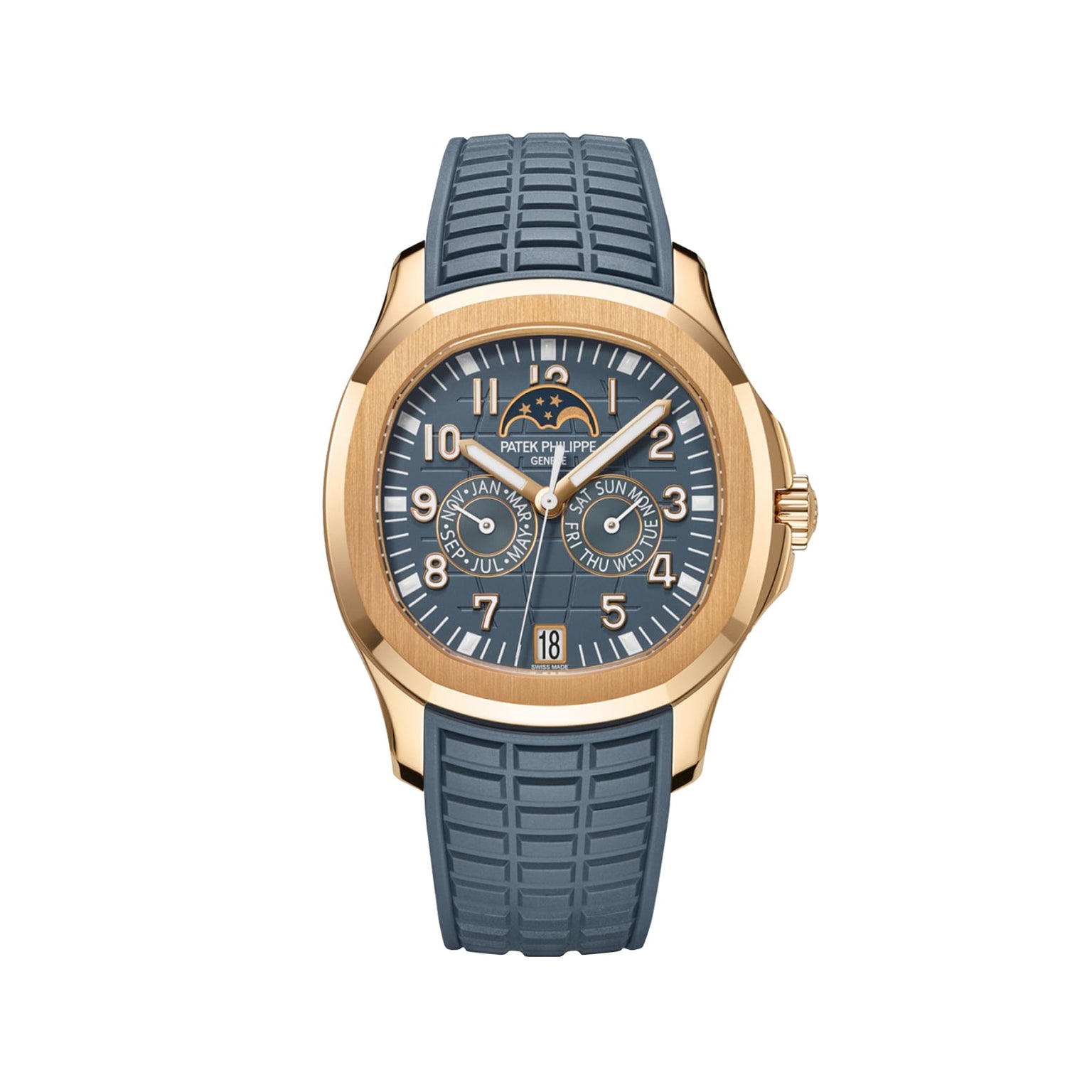 The Patek Philippe Aquanaut 5261R-001 is a gold watch with a blue textured strap and an analog display featuring multiple dials.