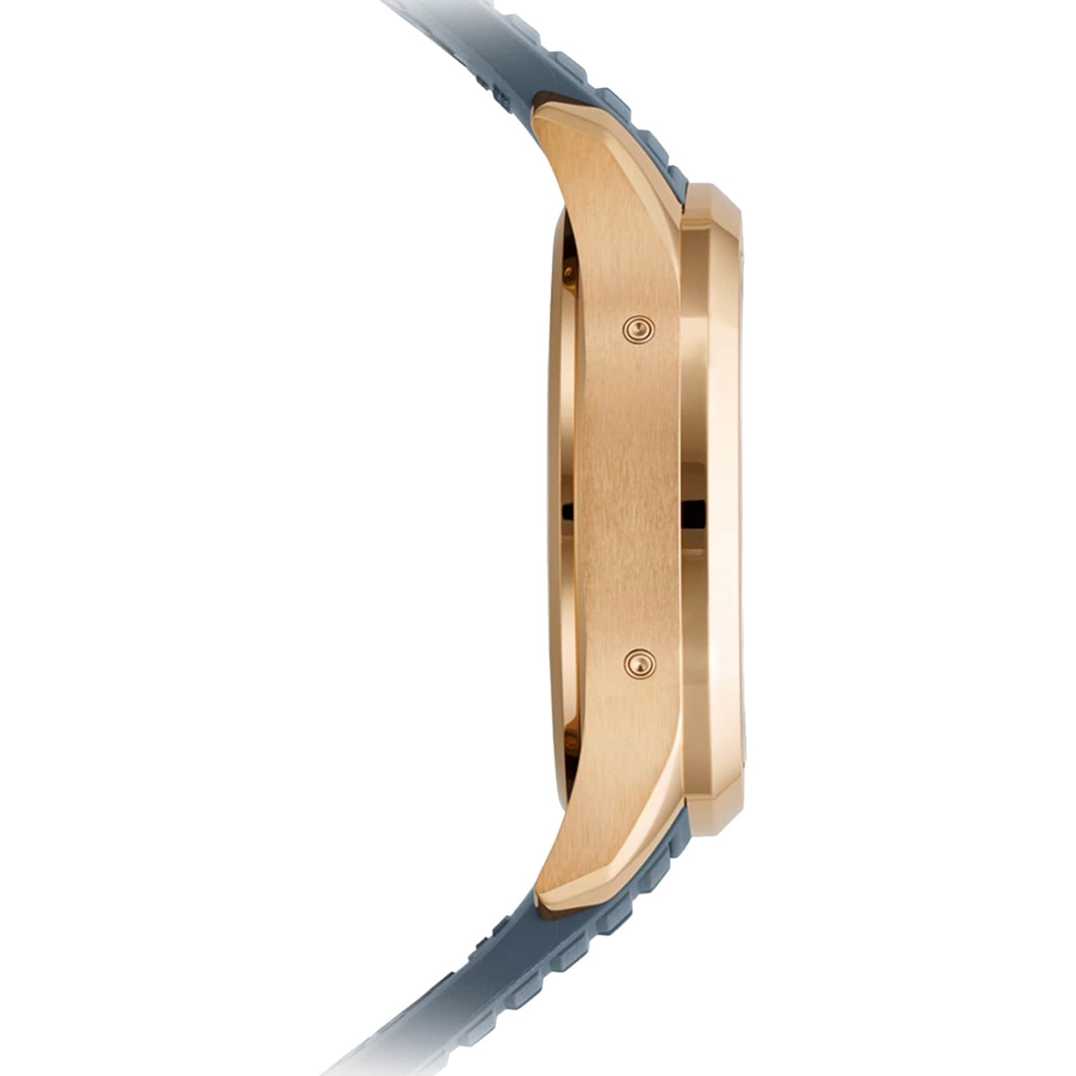 Side view of the Patek Philippe Aquanaut 5261R-001 gold wristwatch with a blue strap, shown against a white background.