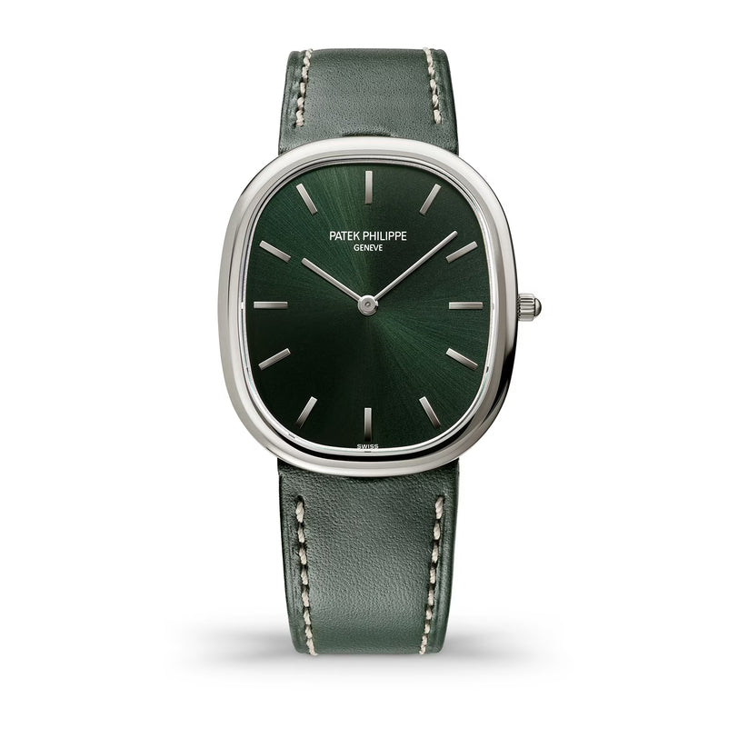 Patek Philippe watch with green face and leather strap on a white background