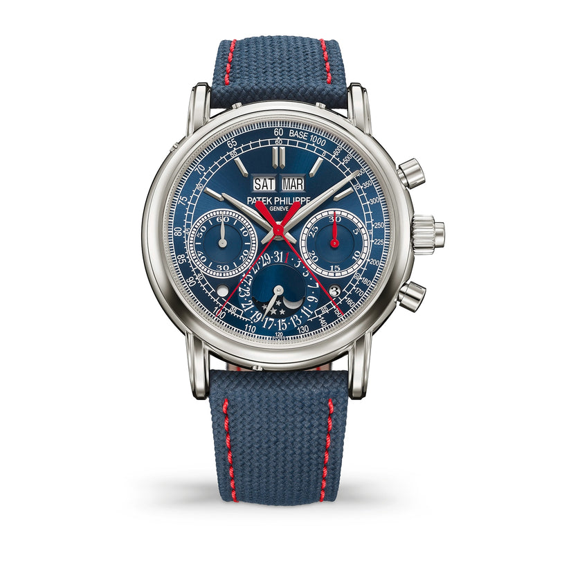 Wristwatch with blue strap and detailed face on a white background