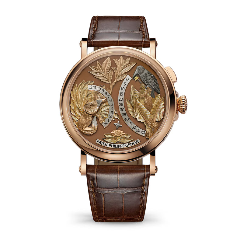 Luxury watch with detailed design and brown leather strap on white background