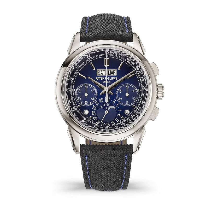 Luxury watch with blue face and black strap on white background