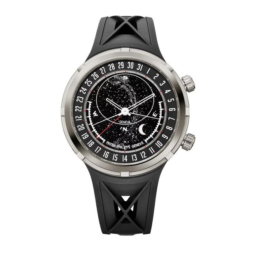 Black and silver watch with detailed face on a white background