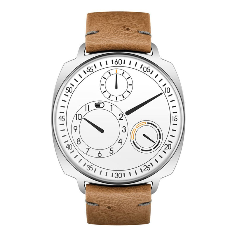 The Ressence TYPE 1² Squared White is a modern watch featuring a white face, distinctive dials, and a light brown leather strap.