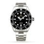 The Grand Seiko Hi-Beat Sport is a stainless steel dive watch with a black dial, white markers, date window at 3 o’clock, and silver bracelet. This precise, water-resistant model is ideal for reliable underwater performance.
