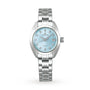 The Grand Seiko Ladies Automatic Elegance features a stainless steel case and metal link bracelet, a light blue textured dial with diamond hour markers, and a date window at 3 oclock.