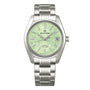 The Grand Seiko Hi-Beat Heritage features a green textured dial, silver hour markers, date window at 3 oclock, automatic movement, and a titanium case on a matching metal bracelet.