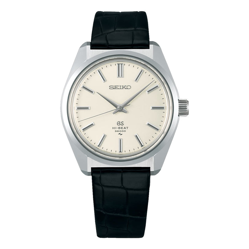 The Grand Seiko Manual Hi-Beat Heritage watch features a silver dial, silver hour markers and hands, and a black leather strap.
