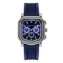 The Gerald Charles Maestro 3.0 Chronograph features a blue dial with Super-LumiNova markers, three subdials, silver accents, a geometric-patterned strap, and a silver case, displayed against a white background.