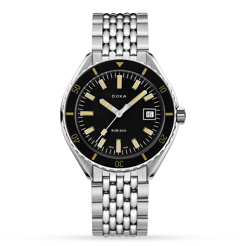 The DOXA Sub 200 Sharkhunter is a 316L stainless steel divers watch with a black dial, luminous hour markers, unidirectional bezel, date window at 3 oclock, and a metal bracelet.