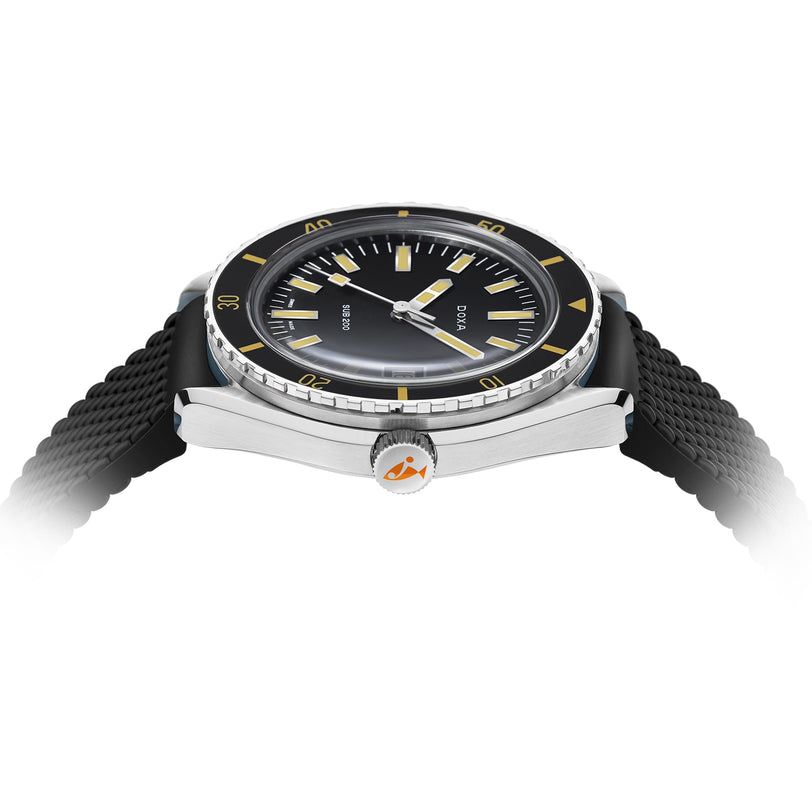 A close-up side view of the DOXA Sub 200 Sharkhunter divers watch with a black face, yellow accents, black strap, and a 316L stainless steel case featuring an orange fish symbol on the crown.