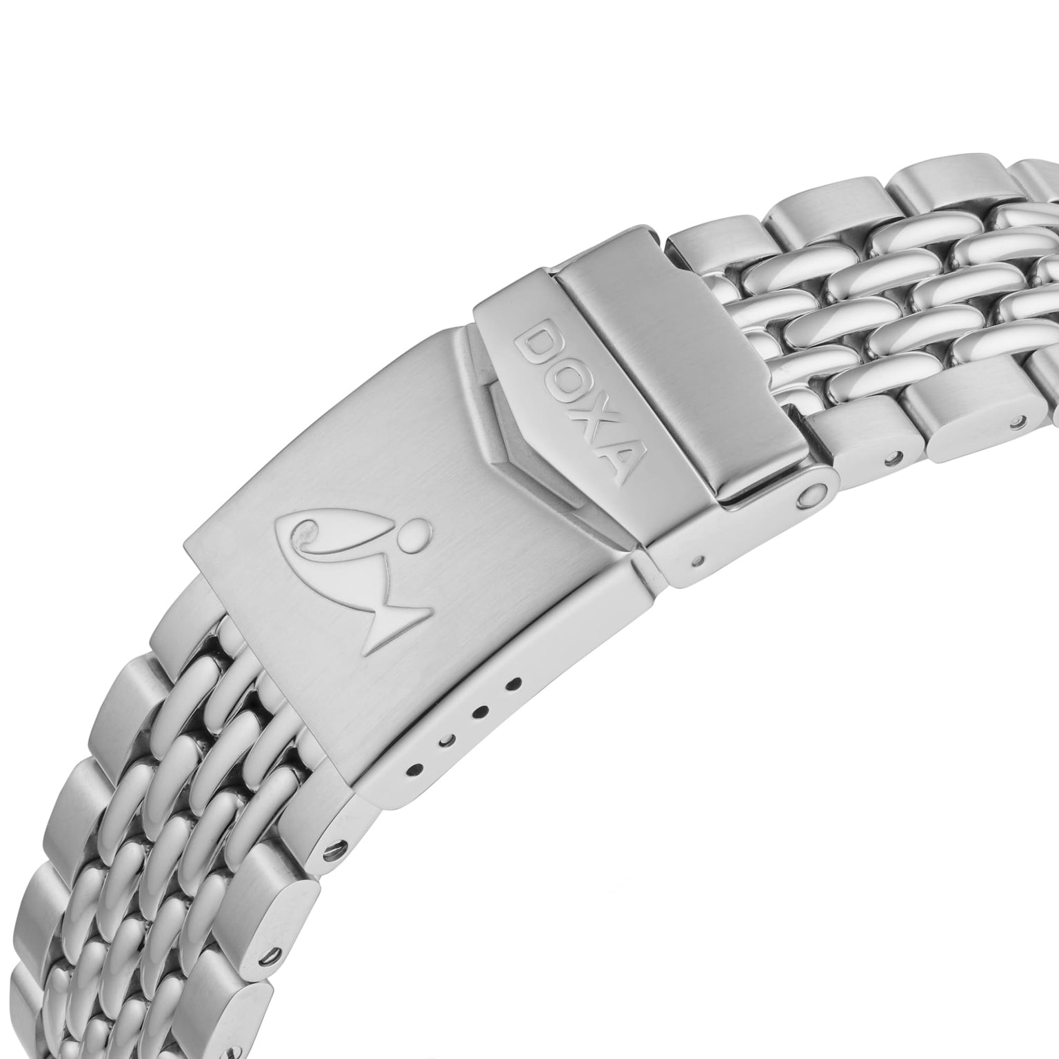 Close-up of the DOXA Sub 200 Divingstars 316L stainless steel bracelet, featuring a logo and clasp with a secure folding mechanism for lasting durability and waterproof reliability.