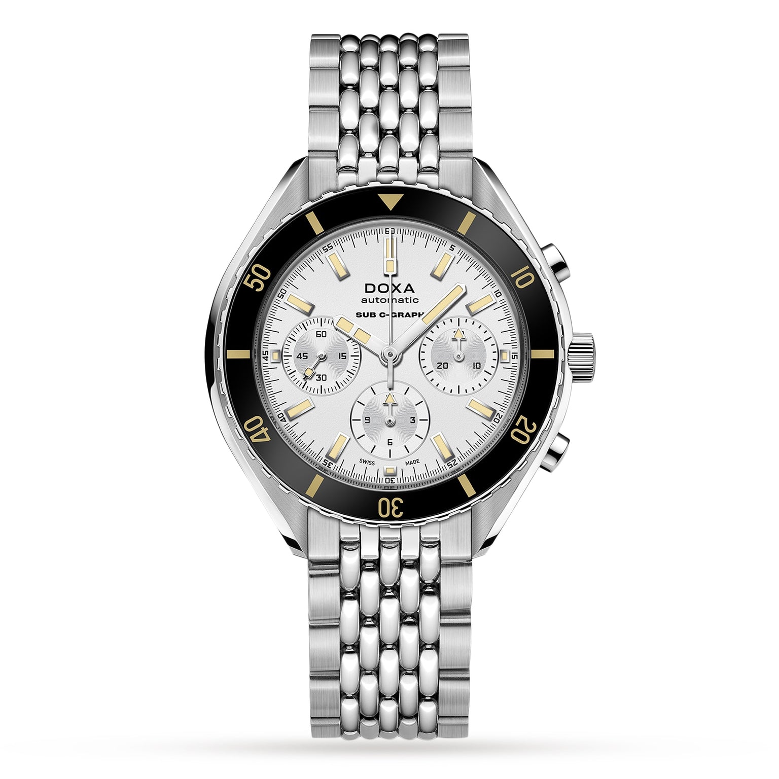 The DOXA Sub 200 C-Graph Searambler is a silver divers watch with a metal link band, white chronograph dial, black and yellow bezel, three subdials, Automatic on the face, and precise Swiss movement.