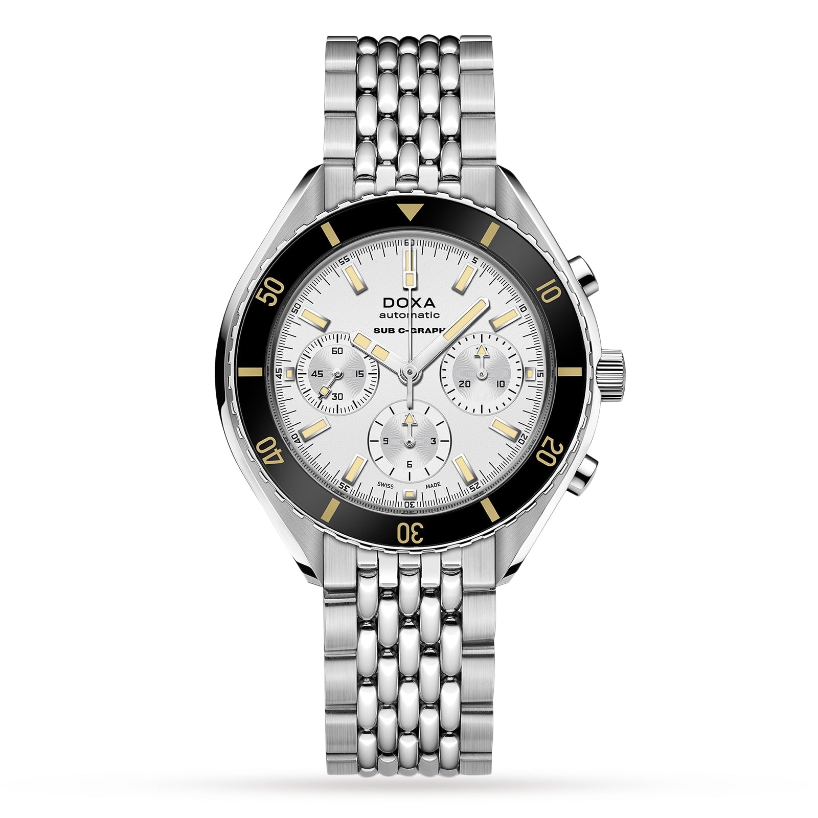 The DOXA Sub 200 C-Graph Searambler is a silver divers watch with a metal link band, white chronograph dial, black and yellow bezel, three subdials, Automatic on the face, and precise Swiss movement.