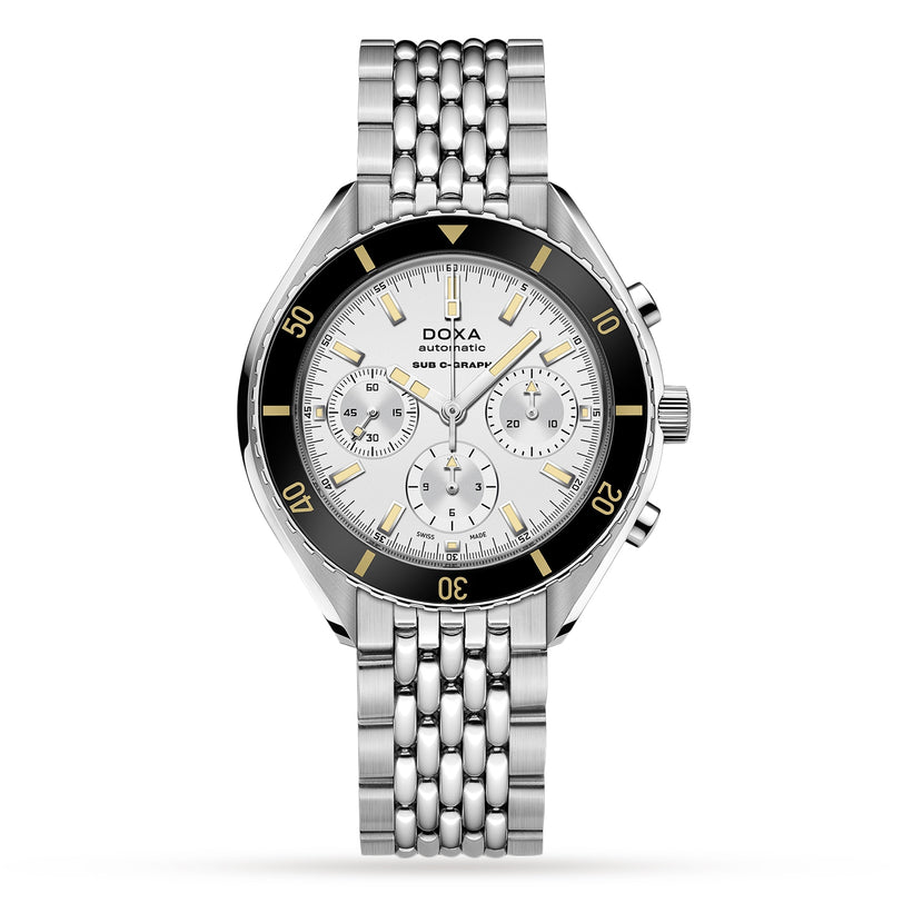 The DOXA Sub 200 C-Graph Searambler is a silver divers watch with a metal link band, white chronograph dial, black and yellow bezel, three subdials, Automatic on the face, and precise Swiss movement.