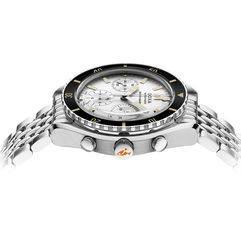 DOXA Sub 200 C-Graph Searambler: a stainless steel chronograph wristwatch featuring a silver bracelet, white dial, black bezel, two pushers, and a crown, displayed from the side.