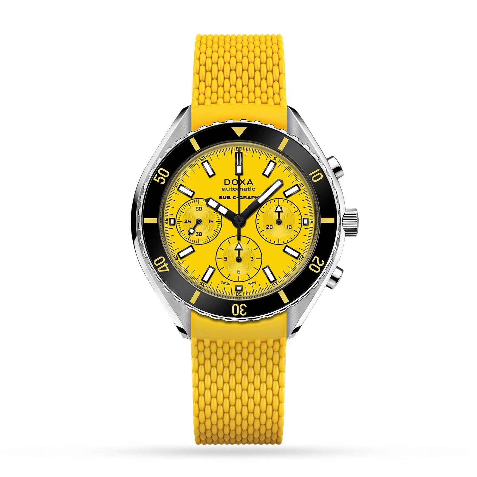 The DOXA Sub 200 C-Graph Divingstar is a yellow diver’s watch with a textured yellow strap, black bezel, three subdials on a yellow face, and automatic Swiss movement, shown on a white background.